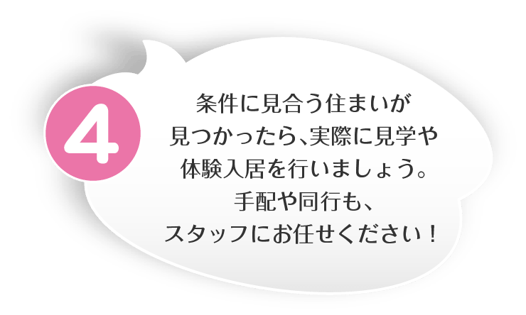 ４．条件に見合う住まいが見つかったら、実際に見学や体験入居を行いましょう。手配や同行も、スタッフにお任せください！